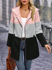 Outfit Flow - Color Block Zip Up Long Sleeve Hooded Outerwear