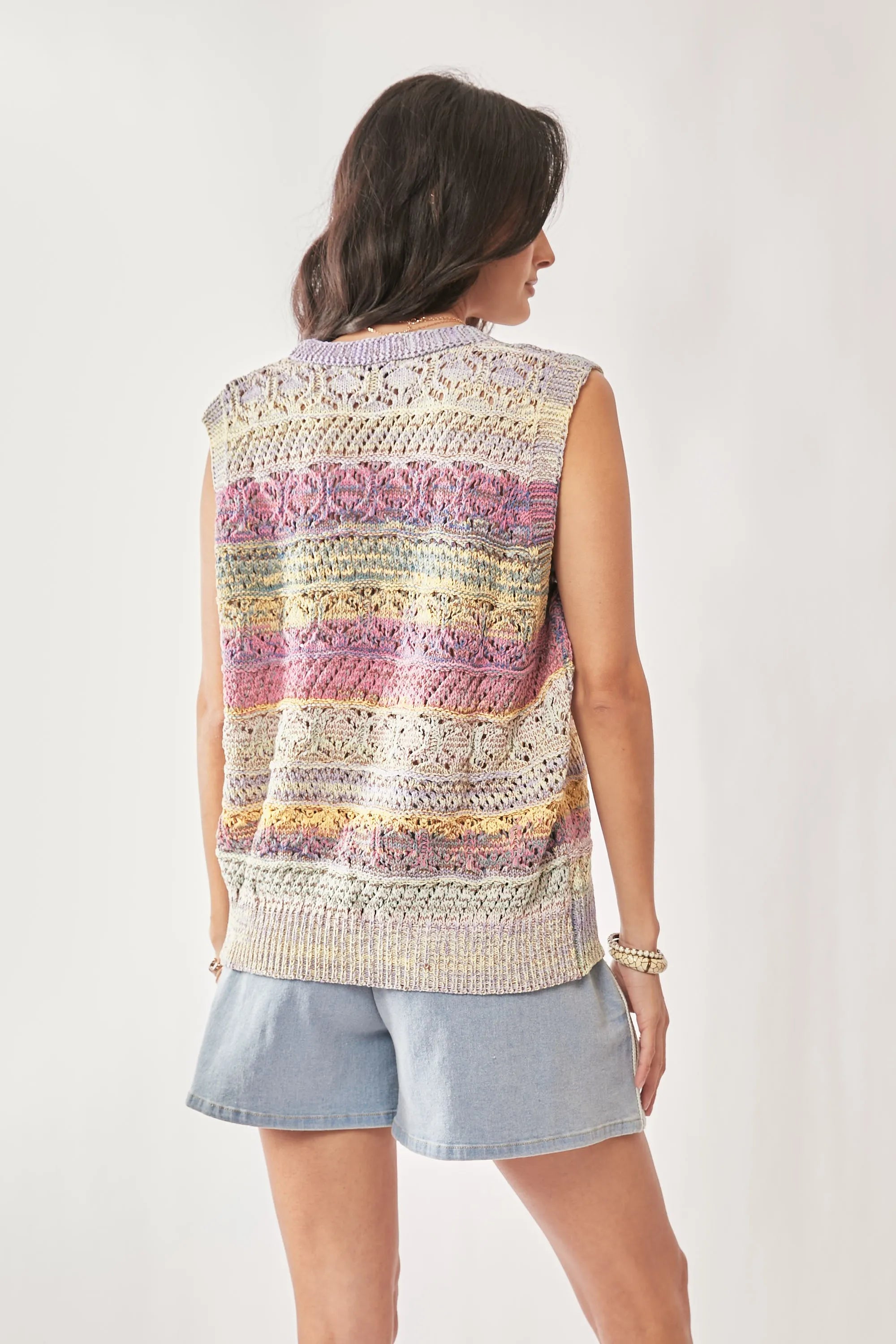 Davi & Dani Multi Color Crochet Sleeveless Knit Vest Top OutfitFlow