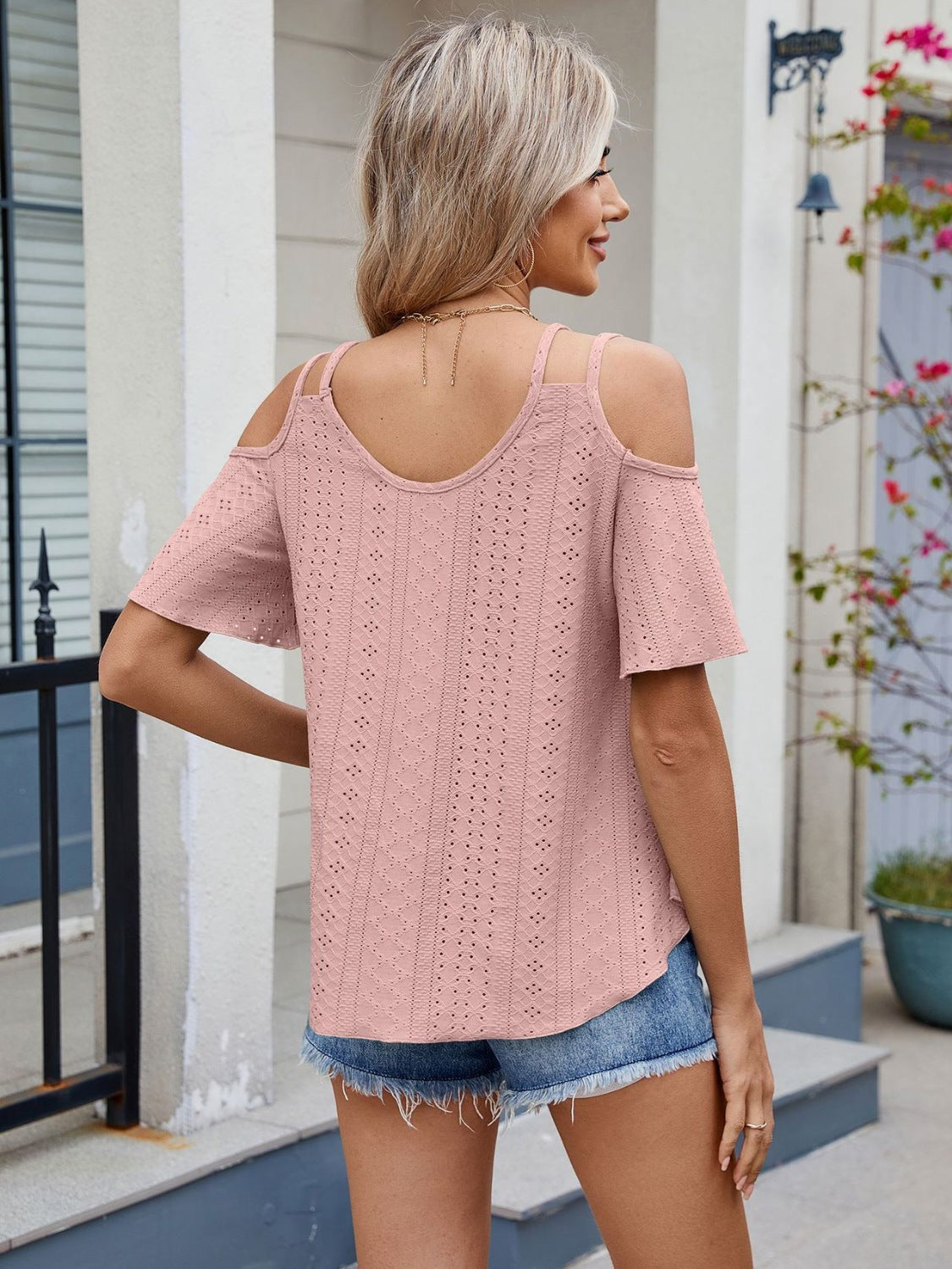 Florira Round Neck Cold Shoulder Eyelet T-Shirt OutfitFlow