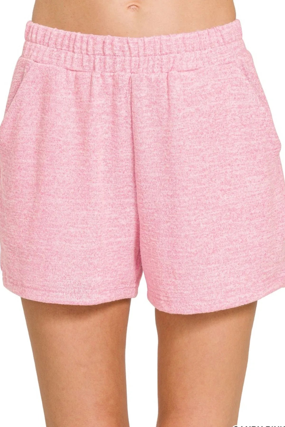 Zenana Soft Melange Hacci Elastic Waist Band Shorts CANDY PINK OutfitFlow
