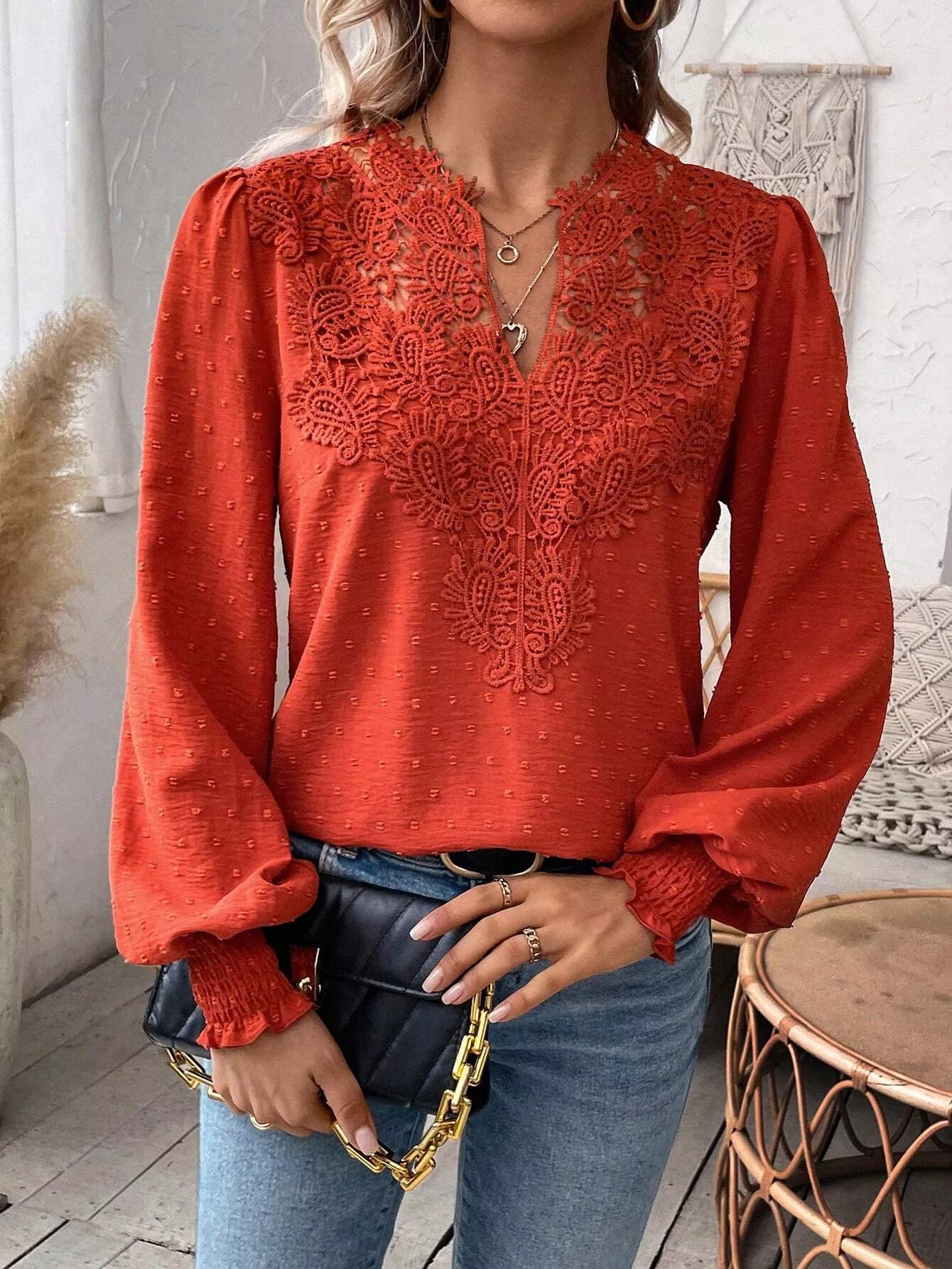 Lace Trim Long Sleeve Blouse Deep Red OutfitFlow