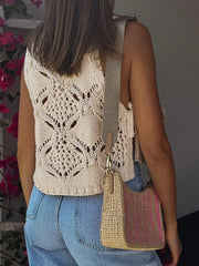 Crochet Hollow Out Sweater Vest OutfitFlow