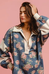 BiBi Washed Floral Denim Romper With Contrast Collar OutfitFlow