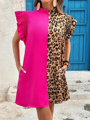 Leopard Color Block Ruffle Sleeve Dress OutfitFlow