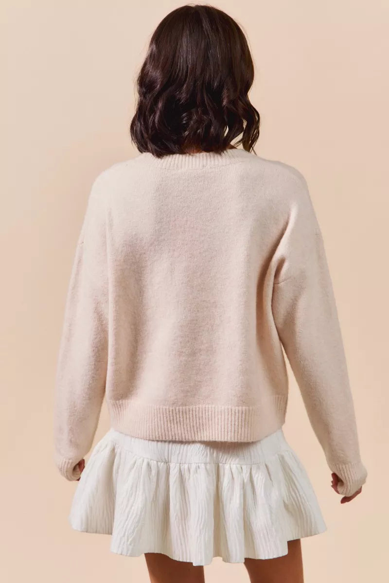 SO ME Embroidered Ribbon Round Neck Sweater OutfitFlow