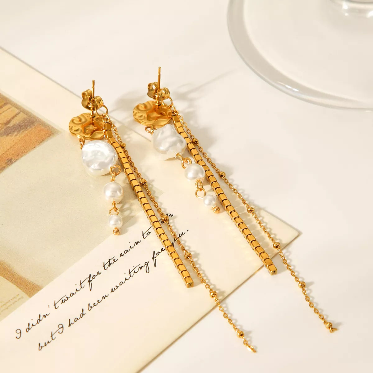 18K Gold-Plated Zircon Pearl Chain Earrings OutfitFlow