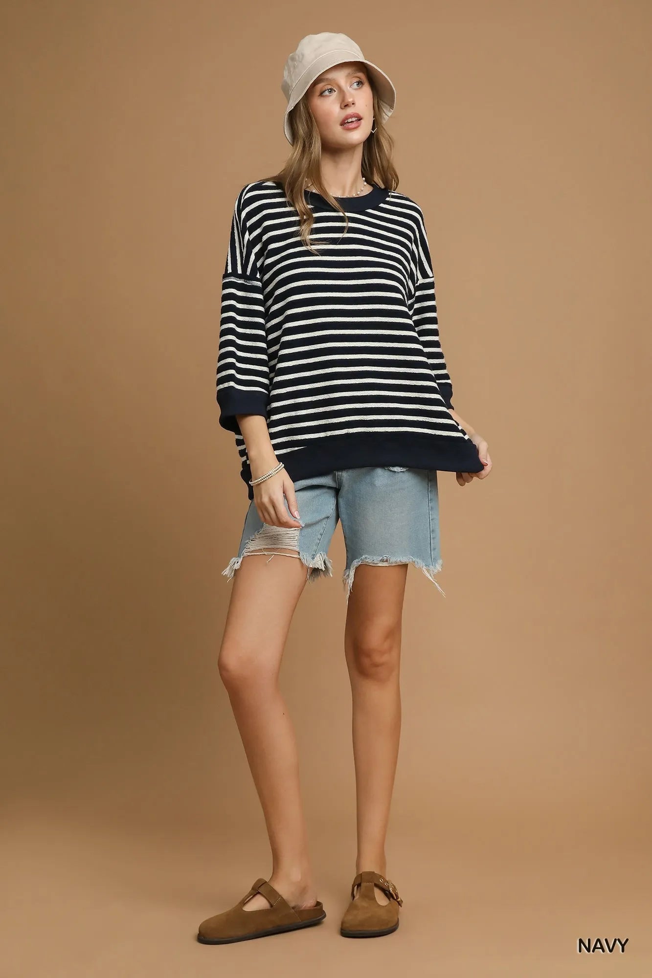 Umgee Ribbed Hem Striped Oversized Knit Top OutfitFlow