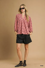Umgee Corduroy Bow Print Balloon Sleeve Blouse Trendsi