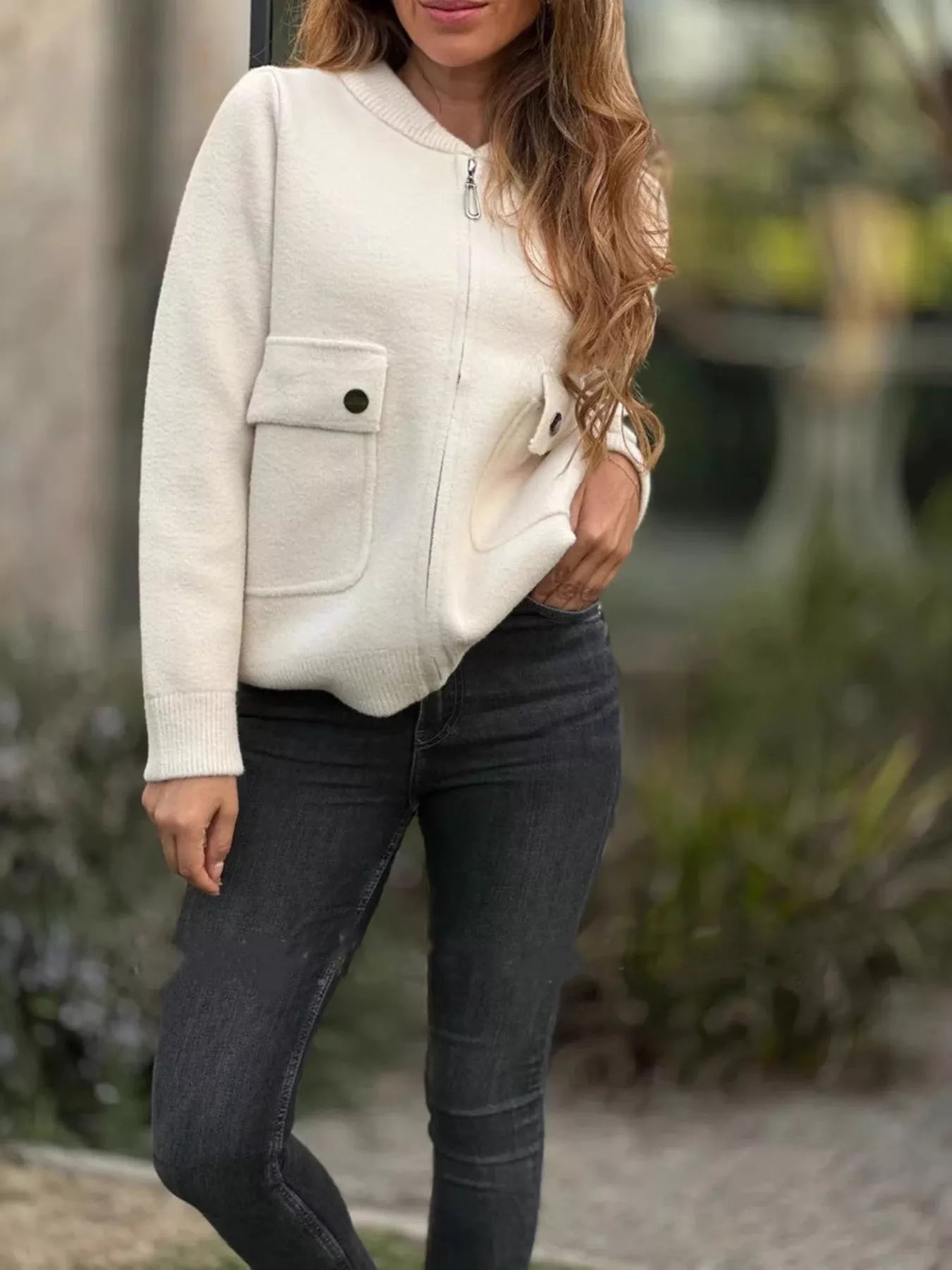 Full Size Zip-Up Long Sleeve Outerwear Plus Size White Trendsi