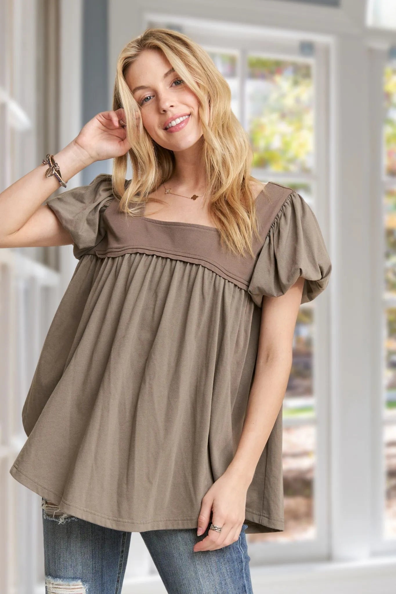 ADORA Princess Sleeves Garment Washed Top OutfitFlow