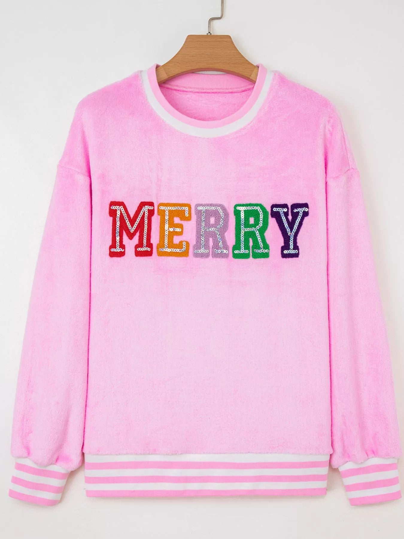 Sequin Chenille MERRY Graphic Plush Sweatshirt OutfitFlow