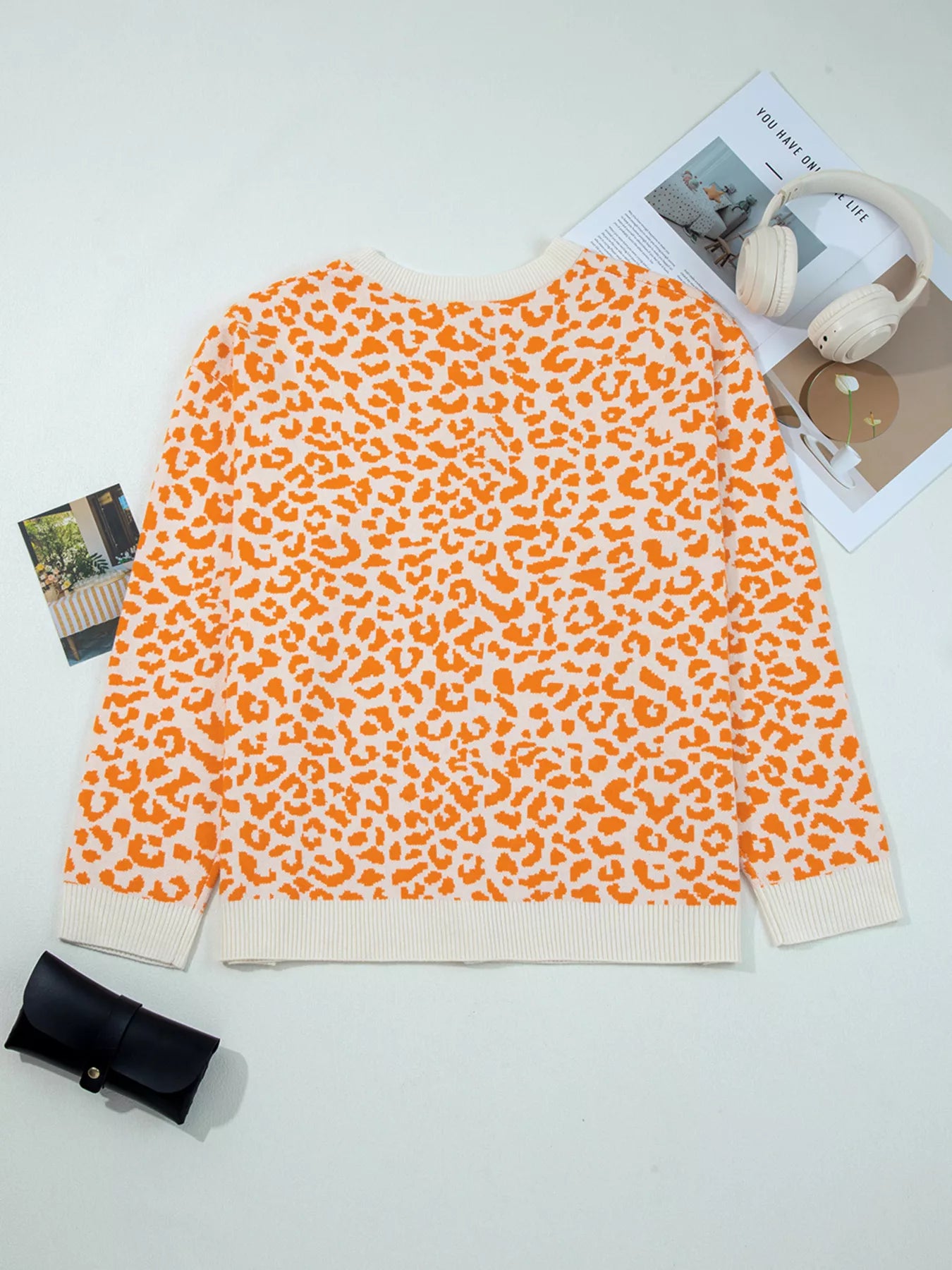 Leopard Drop Shoulder Chunky Knitted Cardigan OutfitFlow