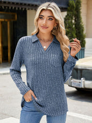 Outfit Flow - Ribbed Johnny Collar Long Sleeve T-Shirt