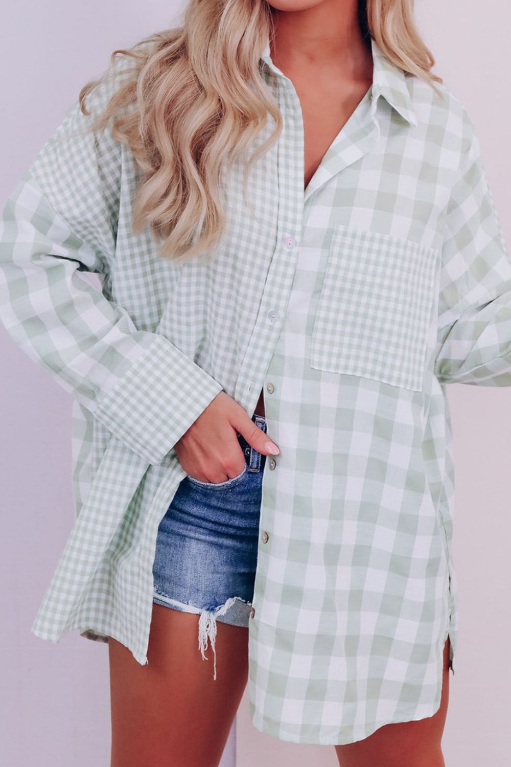 Pocketed Plaid Collared Neck Long Sleeve Shirt