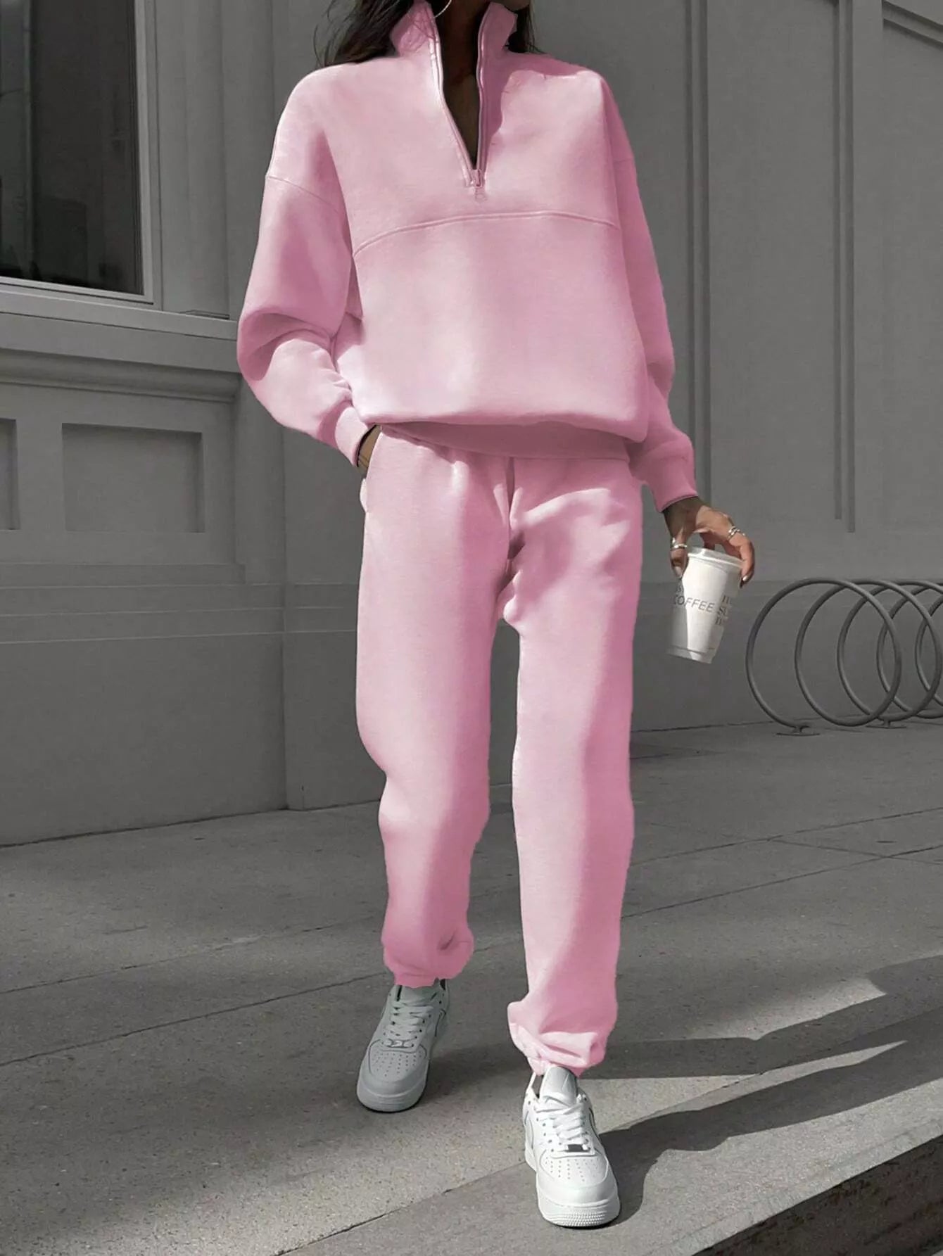 Half Zip Sweatshirt and Pants Set Blush Pink OutfitFlow