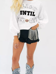 CLASSY UNTIL KICKOFF Plush Letter Patched Loose Sweatshirt OutfitFlow