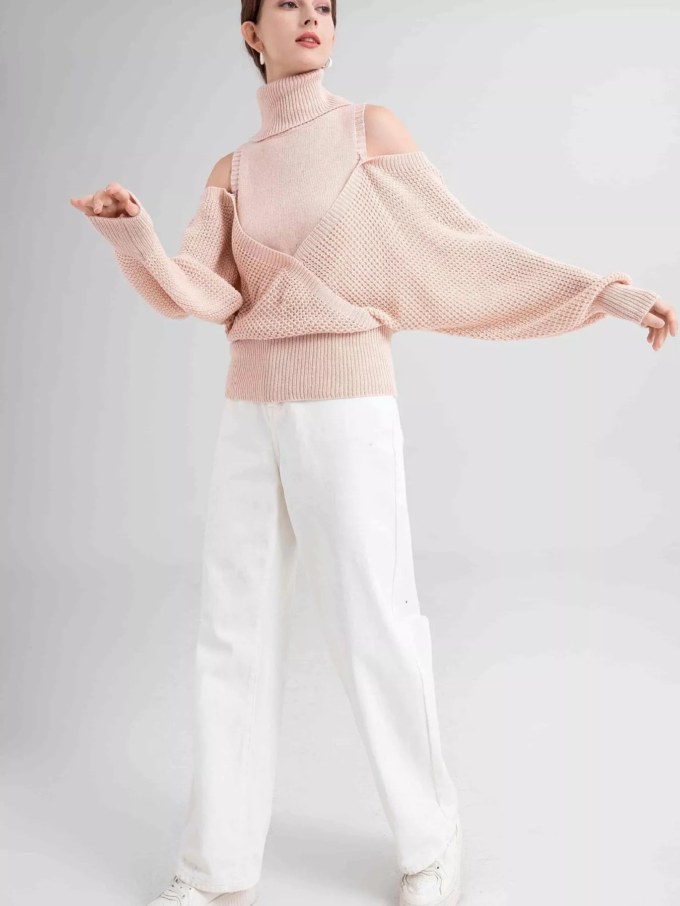 Waffle Knit Cold Shoulder Turtleneck Sweater OutfitFlow