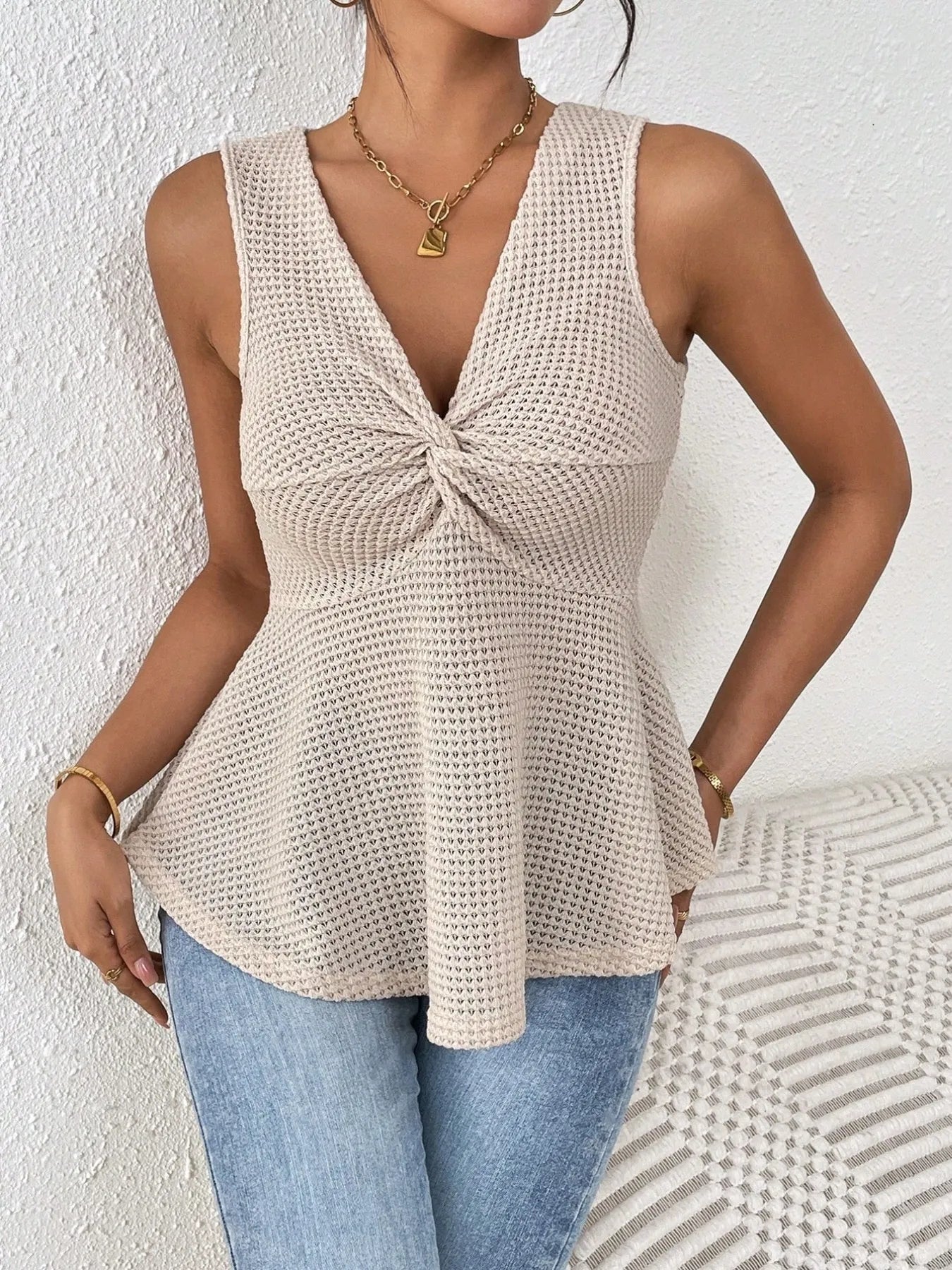 Twist Front Textured Peplum Tank Top OutfitFlow