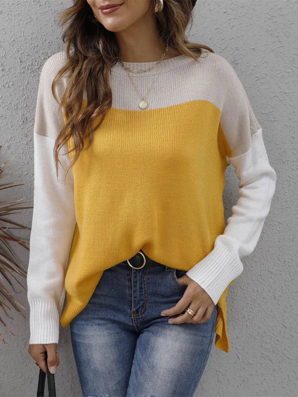 Color Block Round Neck Sweater OutfitFlow