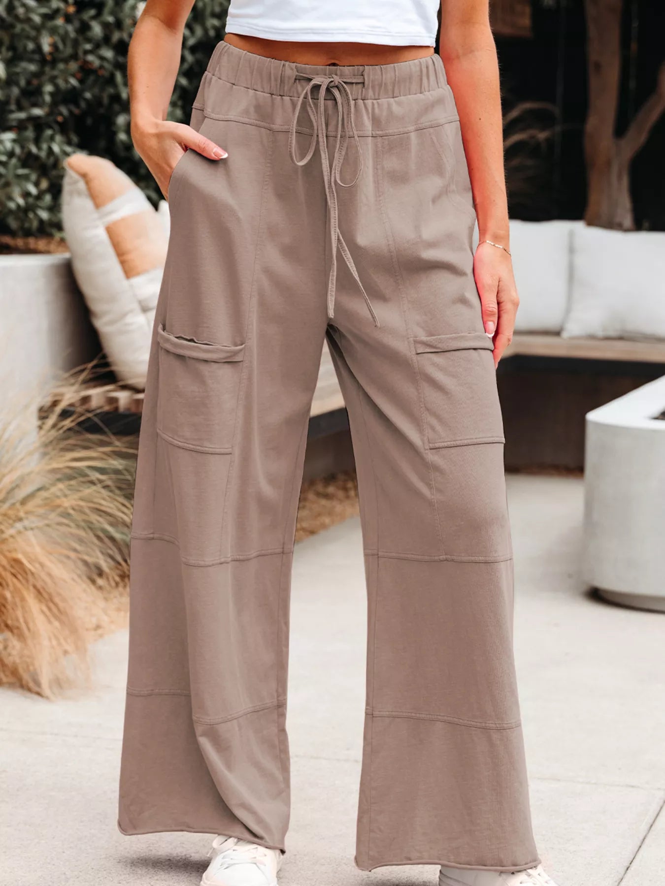 Mineral Wash Exposed Seam Drawstring Elastic Waistband Wide Leg Cargo Pants OutfitFlow