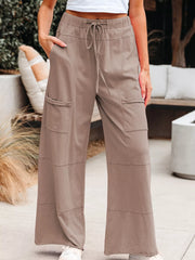 Mineral Wash Exposed Seam Drawstring Elastic Waistband Wide Leg Cargo Pants OutfitFlow