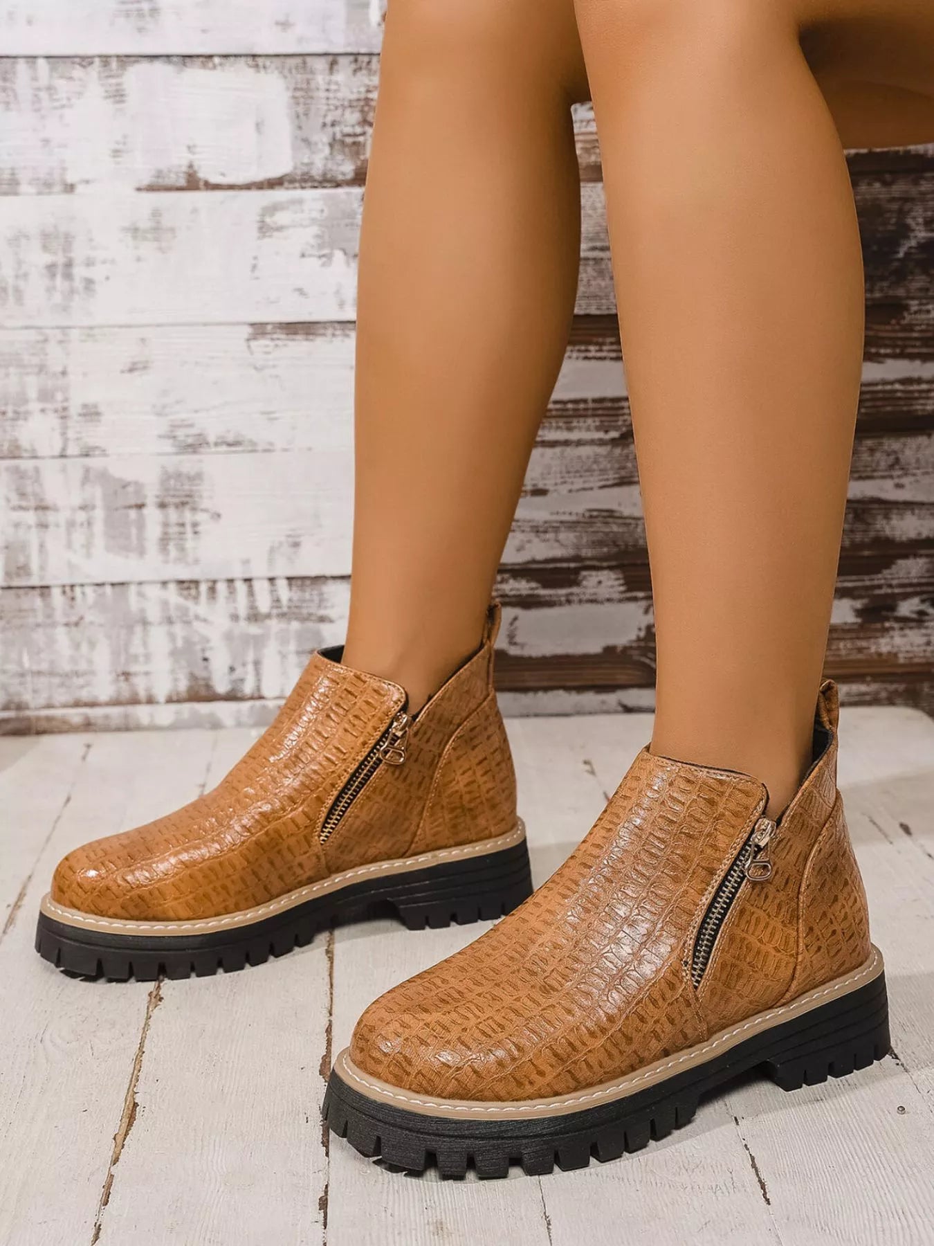 Round Toe Side Zip Ankle Boots Orange OutfitFlow