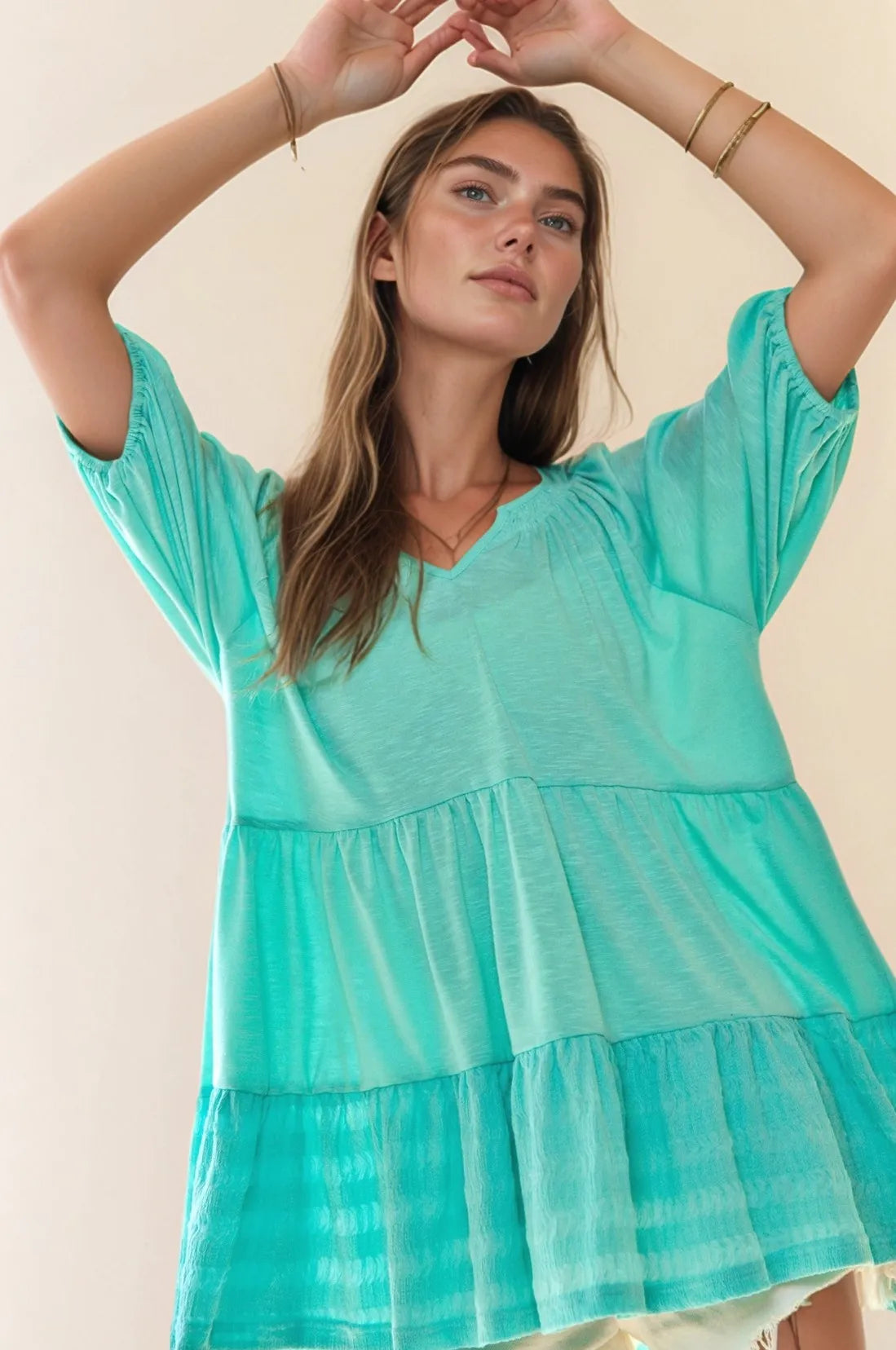 Davi & Dani Solid Ruffled Flared Short Sleeve V Neck Top OutfitFlow