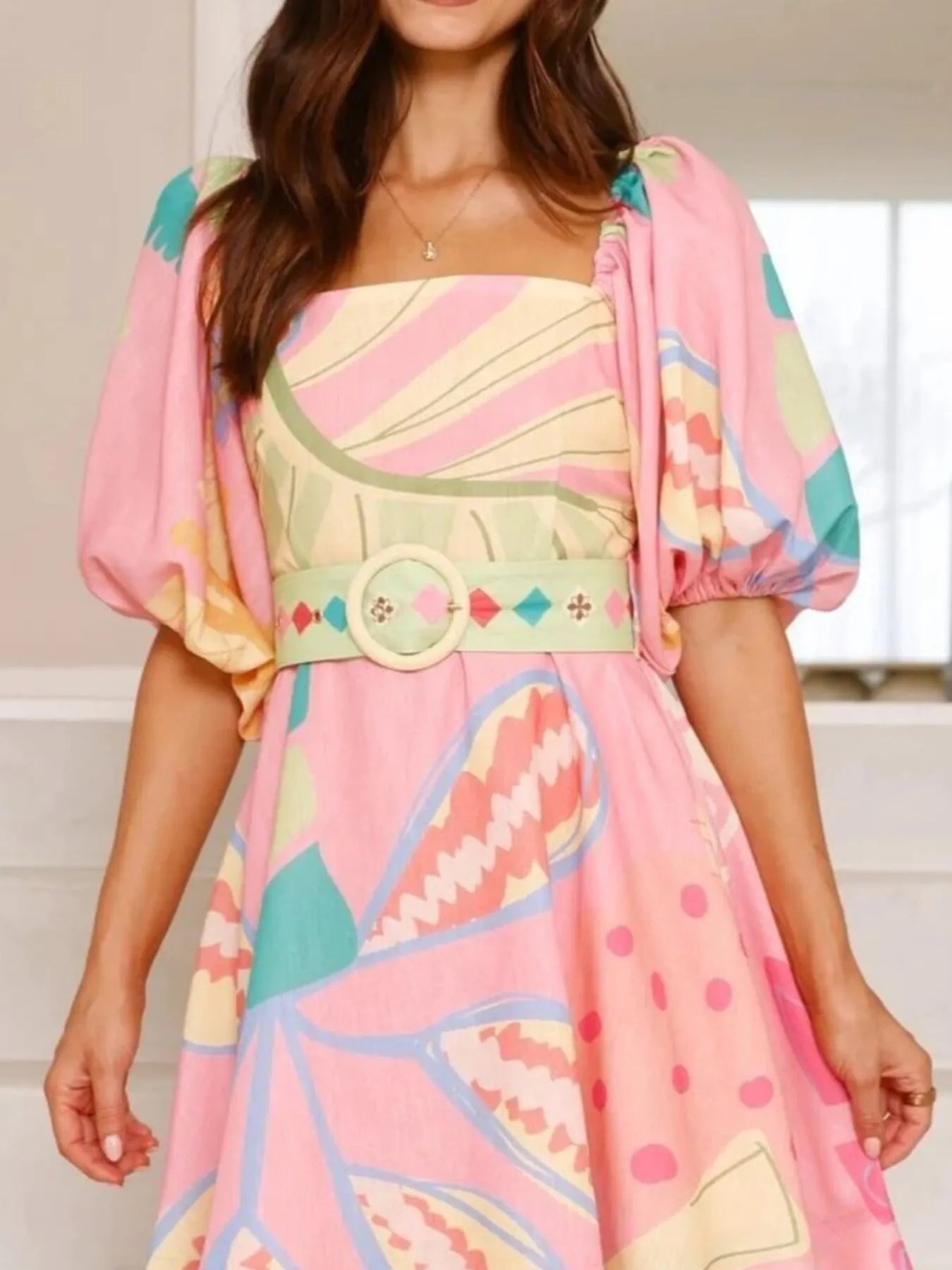 Colorful Print Belted Mini Dress with Puff Sleeves OutfitFlow