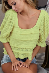 BiBi Square Neckline with Puff Sleeve Crochet Top LIME OutfitFlow