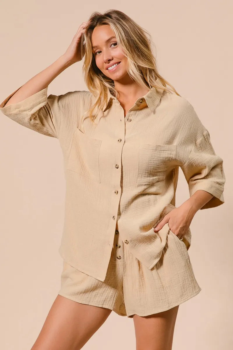 BiBi Crinkle Gauze Shirt and Short Set OutfitFlow
