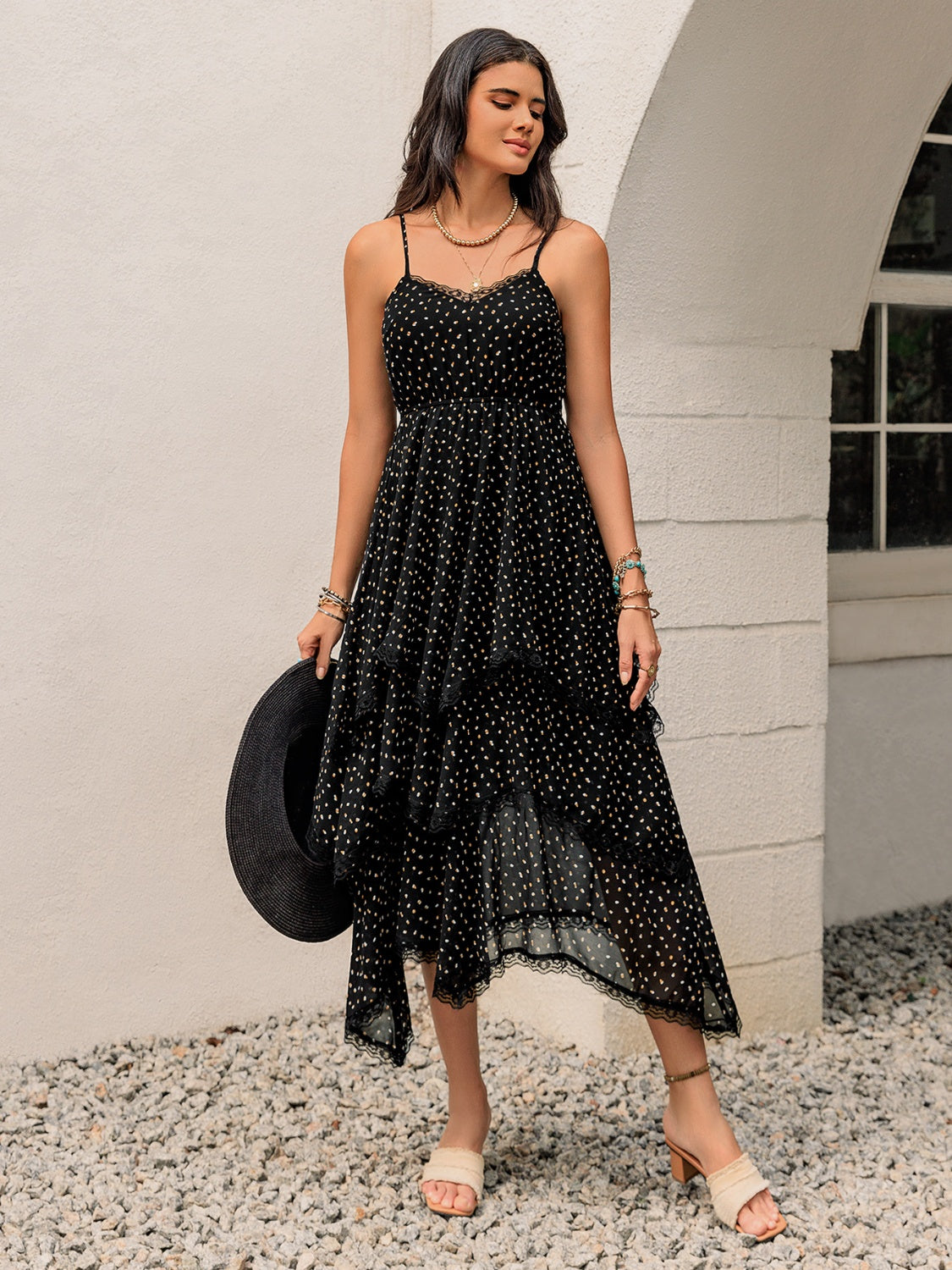 Lace Detail Layered Printed Midi Cami Dress OutfitFlow