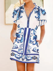Puff Sleeve Printed Top and Zip Back Skirt Set OutfitFlow