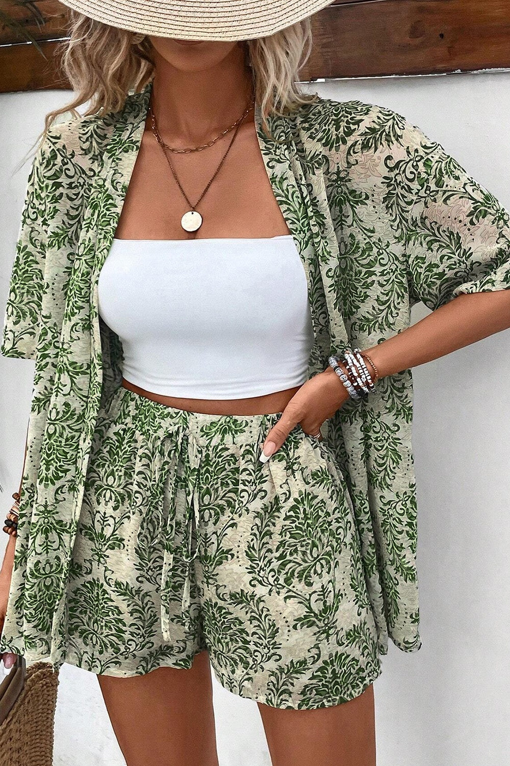 Outfit Flow - Printed Open Front Top and Shorts Set