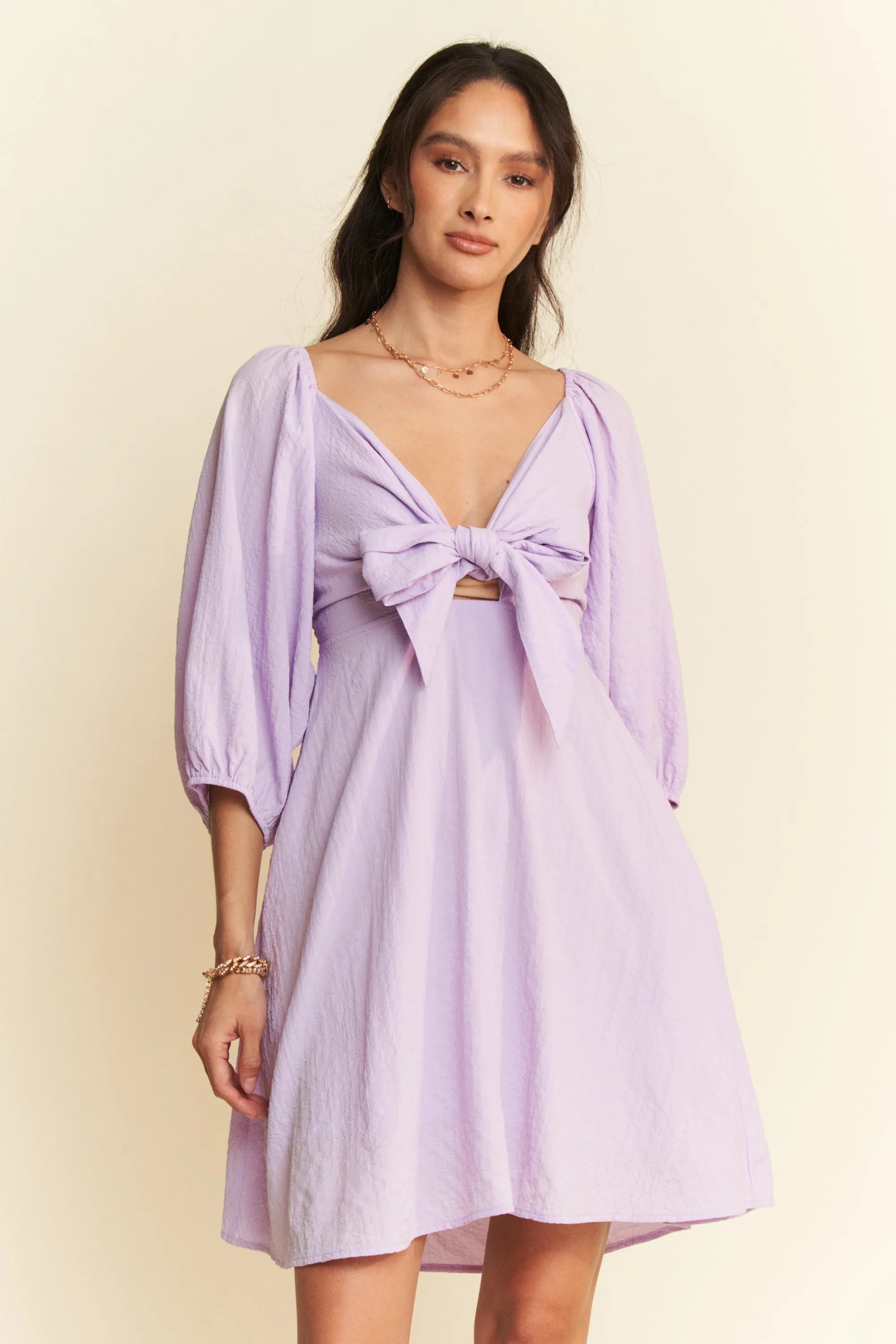 Davi & Dani Self-Tie Puff Sleeve Smocking Open Back Mini Dress OutfitFlow
