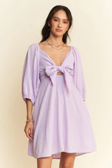 Davi & Dani Self-Tie Puff Sleeve Smocking Open Back Mini Dress OutfitFlow