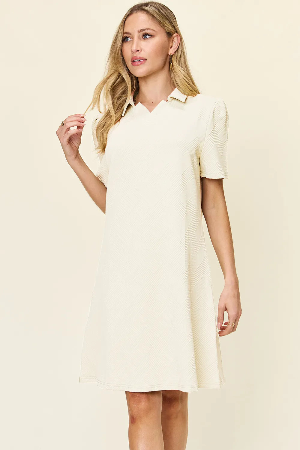 Double Take Full Size Texture Collared Neck Short Sleeve Dress Cream OutfitFlow