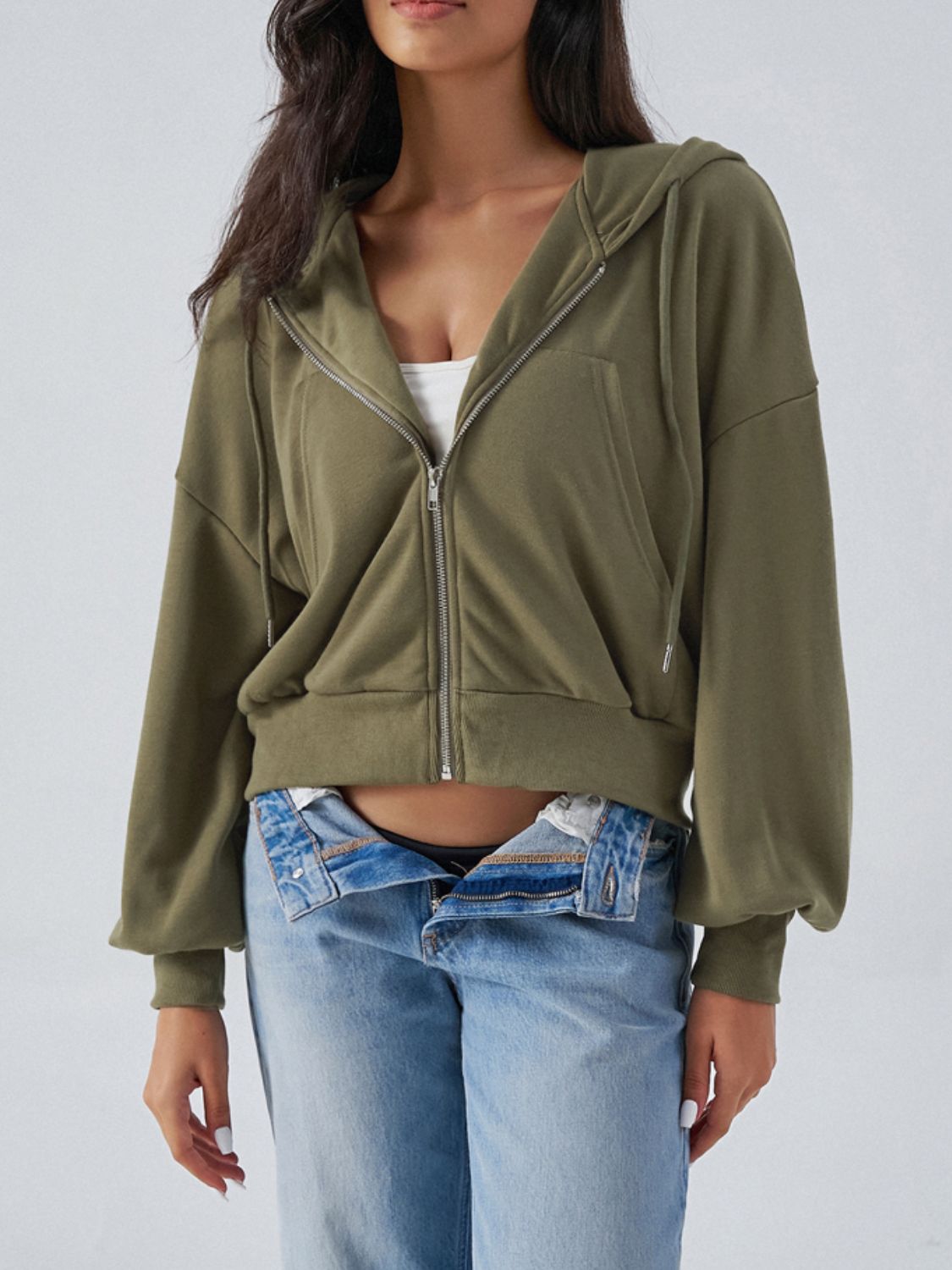 Outfit Flow - Devine Drawstring Zip Up Long Sleeve Hoodie