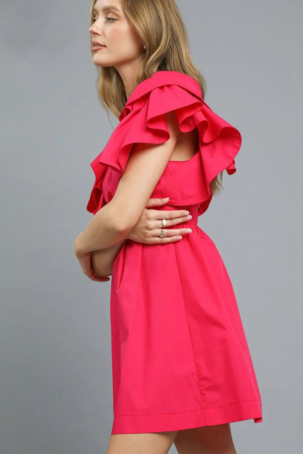 Umgee Double Ruffle Sleeve Fit and Flare Dress OutfitFlow