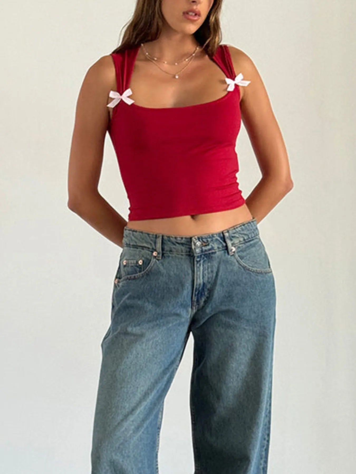 Bow Detail Square Neck Cropped Tank OutfitFlow