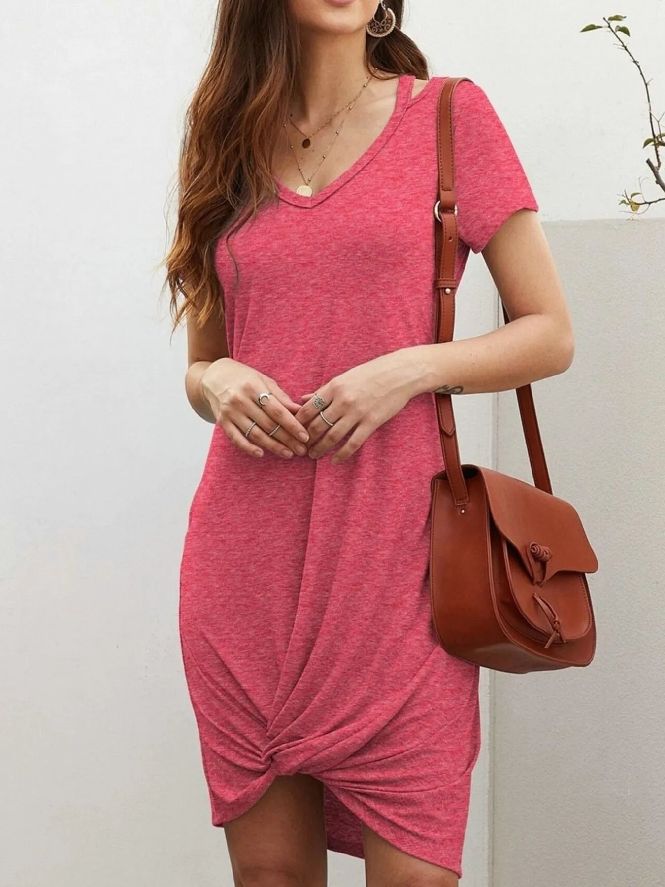 V-Neck Twisted Knot T-Shirt Dress Strawberry OutfitFlow