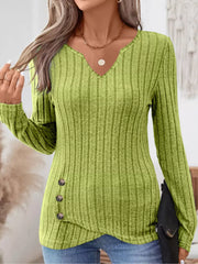 Ribbed Knit Notched Long Sleeve Top Sage OutfitFlow