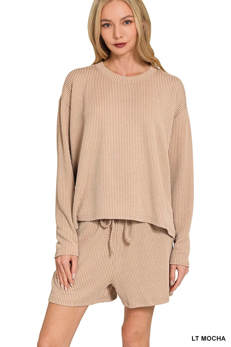 Zenana Corded Rib Long Sleeve Tee and Shorts Set LT MOCHA Trendsi