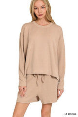 Zenana Corded Rib Long Sleeve Tee and Shorts Set LT MOCHA Trendsi