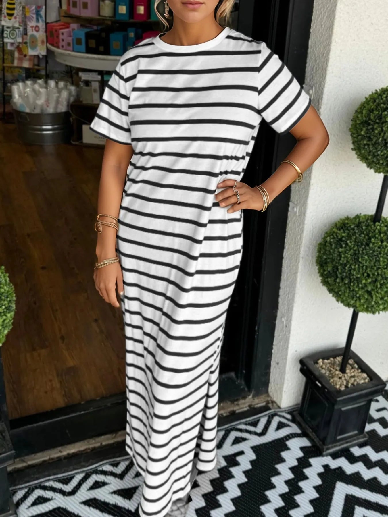 Full Size Striped T-Shirt Maxi Dress with Side Slit Plus Size Black OutfitFlow
