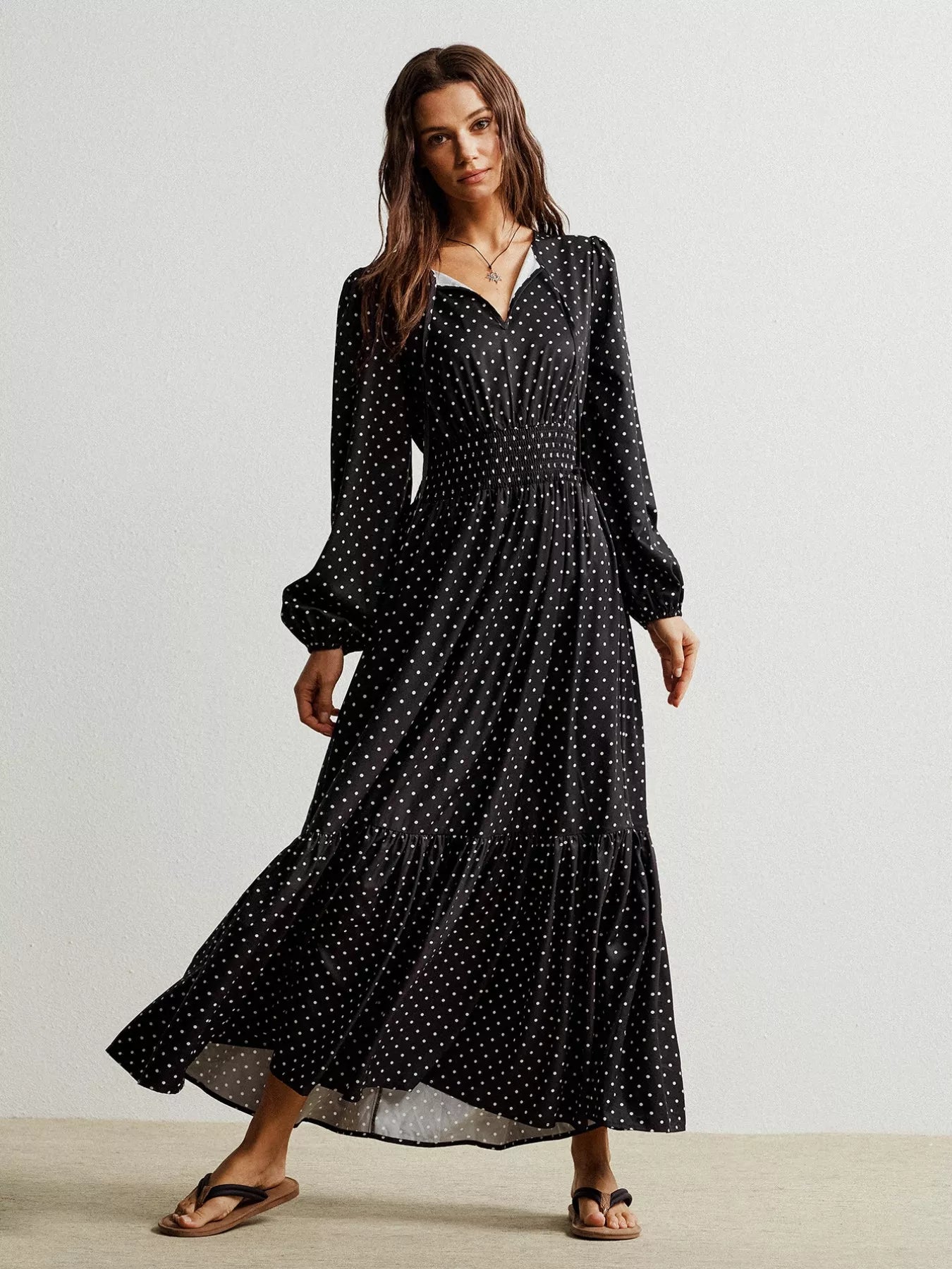Polka Dot Long Sleeve Maxi Dress OutfitFlow
