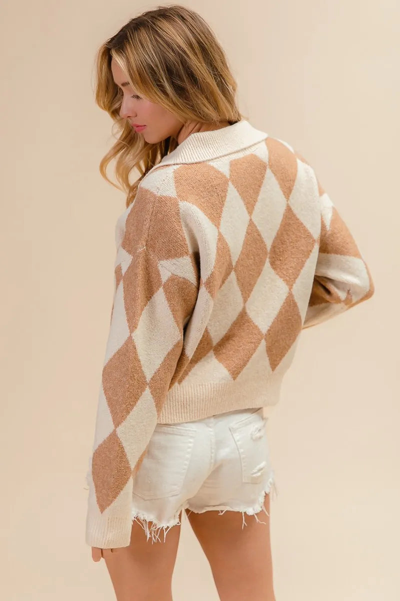 BiBi Diamond Pattern Collared Notch Neck Sweater OutfitFlow