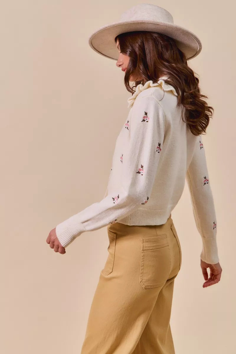 SO ME Collared Floral Embroidered Button Down Sweater Cardigan OutfitFlow