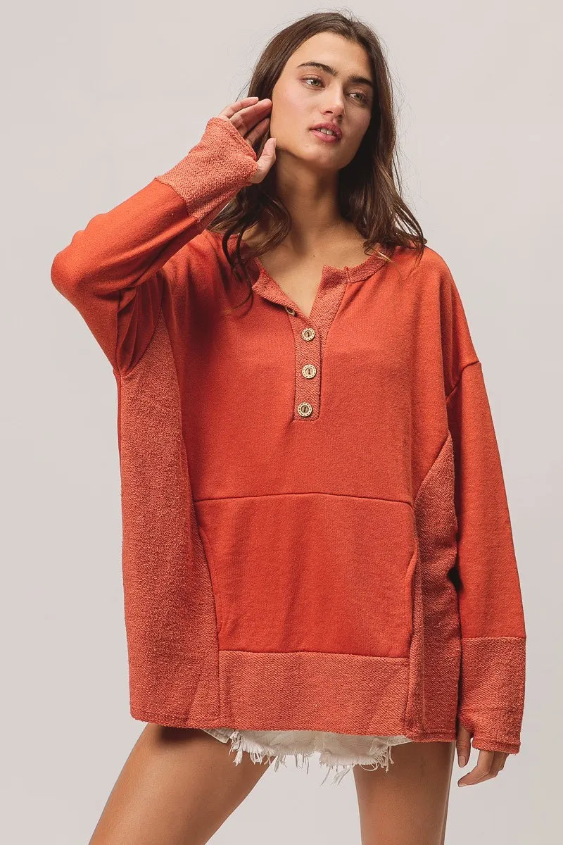 BiBi French Terry Knit Side Block Buttoned Henley Top Trendsi