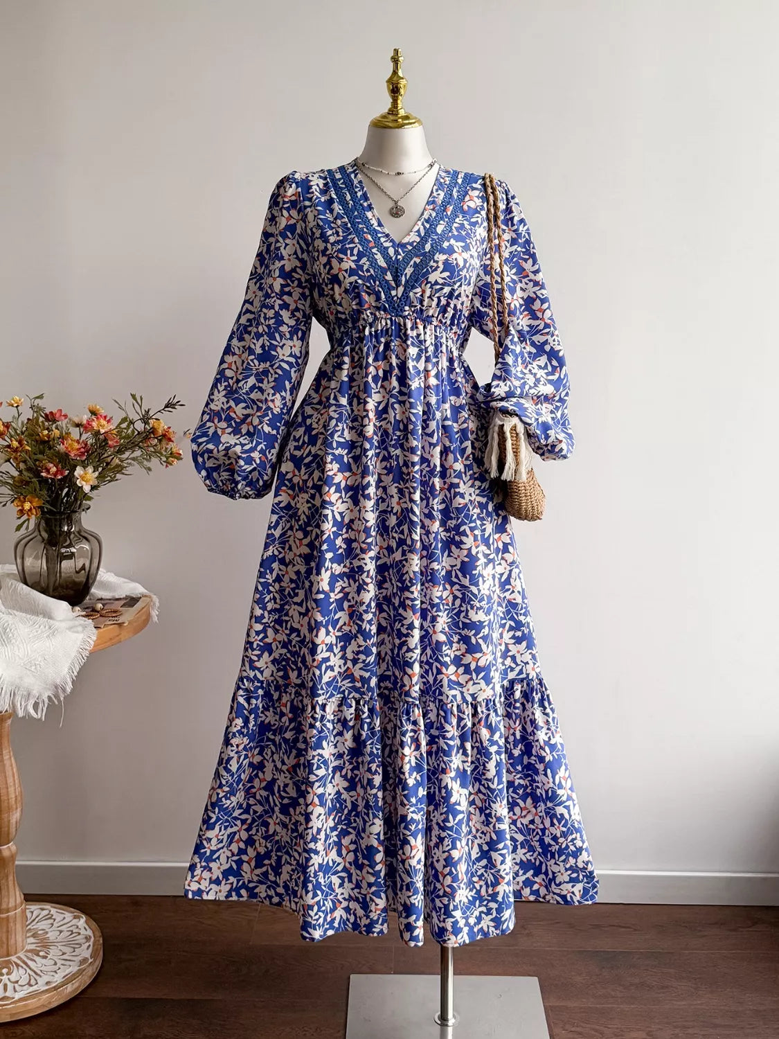 Plus Size Floral Print V-Neck Long Sleeve Maxi Dress Trendsi