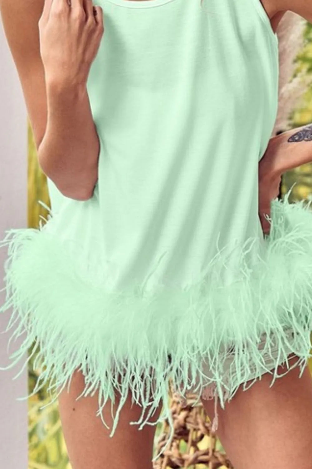 BiBi French Terry Faux Feather Bottom Back Tied Top OutfitFlow